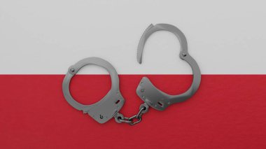 Yarı açık çelik kelepçe ortada ve Polonya bayrağının üstünde.