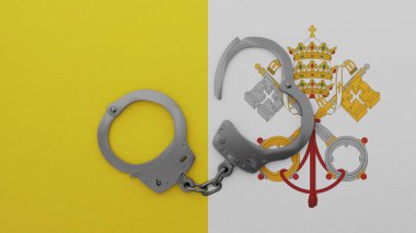 Yarı açık çelik kelepçe ortada ve Vatikan bayrağının tepesinde.