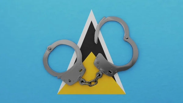 Half Opened Steel Handcuff Center Top National Flag Saint Lucia Stock Photo