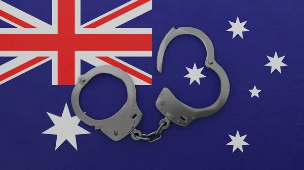 Half Opened Steel Handcuff Center Top National Flag Australia Stock Image