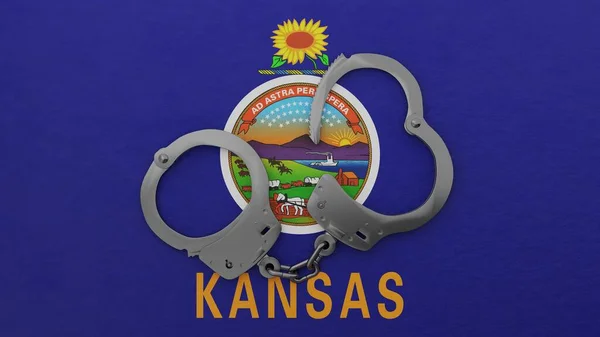 Esposas Acero Medio Abiertas Centro Encima Bandera Del Estado Kansas Fotos de stock