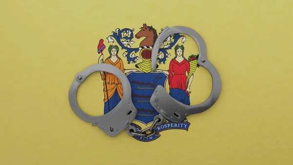 Half Opened Steel Handcuff Center Top State Flag New Jersey Stock Image