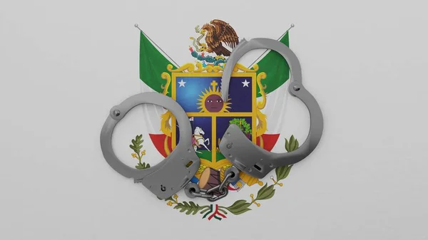 Półotwarte Stalowe Kajdanki Środku Szczycie Flagi Queretaro — Zdjęcie stockowe