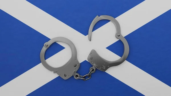 Yarı Açık Çelik Kelepçe Ortada Skoçya Bayrağının Üstünde — Stok fotoğraf