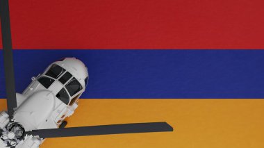 Sol alt köşede ve Ermenistan Ulusal Bayrağı 'nın tepesinde bir Beyaz Helikopter görünüyor.