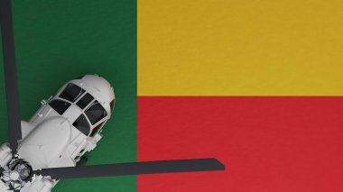 Sol alt köşede ve Benin Ulusal Bayrağı 'nın tepesinde bir Beyaz Helikopter görünüyor.