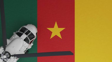 Alt Sol Köşedeki Beyaz Helikopter 'in yukarıdan görünüşü ve Ulusal Kamerun Bayrağı' nın tepesi