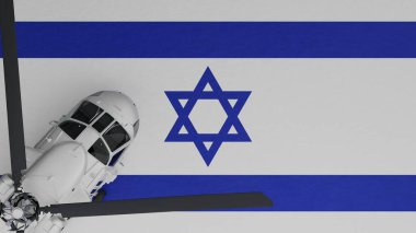 Top down view of a White Helicopter in the Bottom Left Corner and on top of the National Flag of Israel clipart