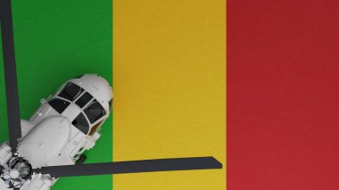 Sol alt köşede ve Mali Ulusal Bayrağı 'nın tepesinde bulunan Beyaz Helikopter' in yukarıdan görünüşü