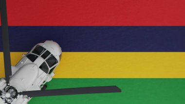 Sol alt köşede ve Mauritius Ulusal Bayrağı 'nın tepesinde beyaz bir helikopter görünüyor.