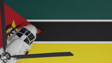 Sol alt köşede ve Mozambik Ulusal Bayrağı 'nın tepesinde bir Beyaz Helikopter' in yukarıdan görünüşü