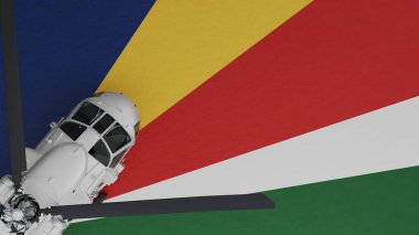 Sol alt köşede ve Seyşeller 'in Ulusal Bayrağı' nın tepesinde bir Beyaz Helikopter 'in yukarıdan görünüşü