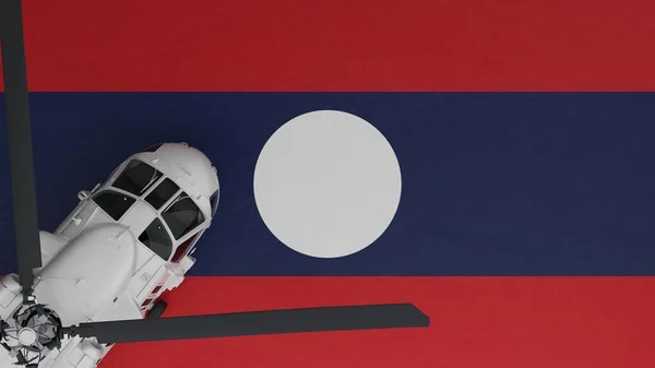 Widok Góry Biały Helikopter Lewym Dolnym Rogu Szczycie Flagi Laosu — Zdjęcie stockowe