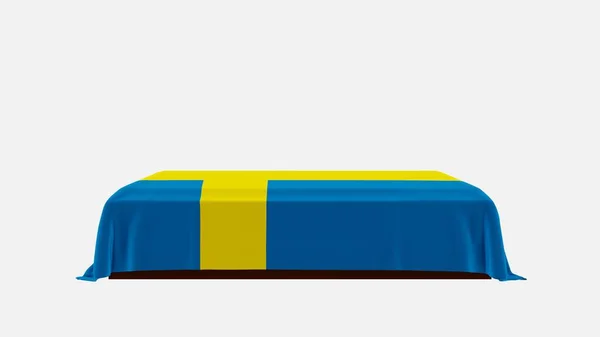 瑞典国旗覆盖的白色背景的棺材侧视图 — 图库照片