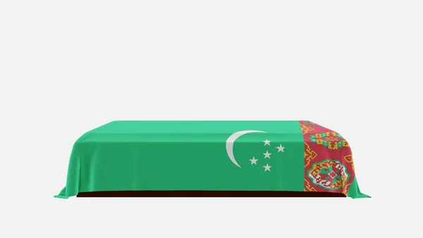 Türkmenistan Ülke Bayrağı Ile Kaplı Beyaz Arkaplandaki Tabutun Yan Görünümü — Stok fotoğraf