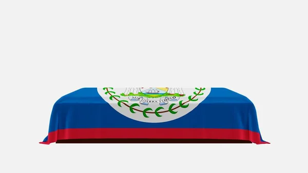 Vista Lateral Caixão Fundo Branco Coberto Com Bandeira País Belize — Fotografia de Stock