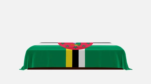 Боковой Вид Гроб Белом Фоне Покрытый Флагом Доминики — стоковое фото