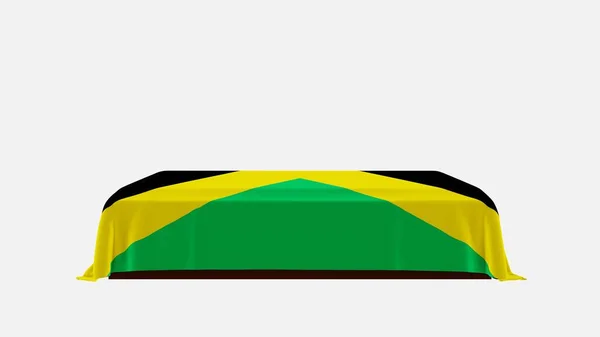 Vista Lateral Caixão Fundo Branco Coberto Com Bandeira País Jamaica — Fotografia de Stock