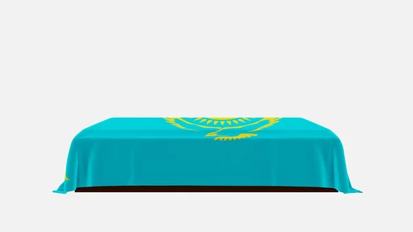 Vista Lateral Ataúd Sobre Fondo Blanco Cubierto Con Bandera Kazajstán —  Fotos de Stock