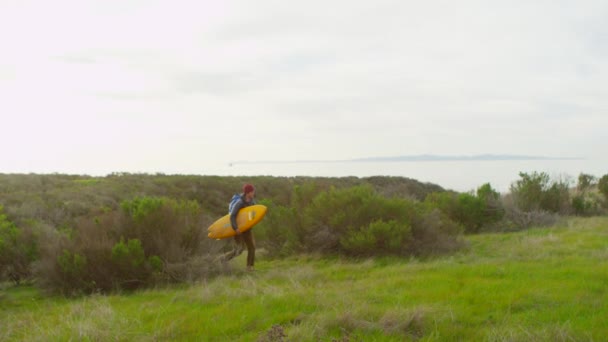 Surfista porta la sua tavola attraverso il pennello — Video Stock