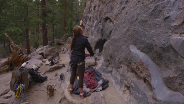 登山のパートナーがロープを保持し、切り立った岩壁を見上げる — ストック動画