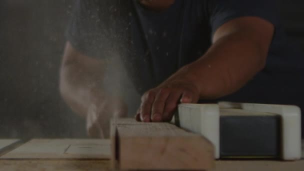 Woodworker saws a plank on a workbench — Stock Video