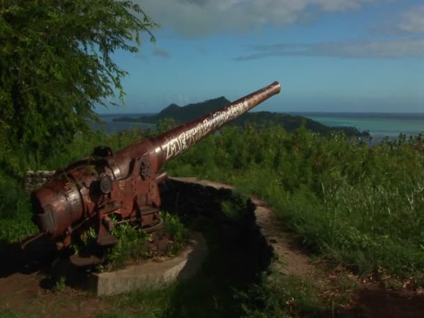 A World War two cannon sits rusting on a mountaintop on a remote Polynesian island — Stock Video
