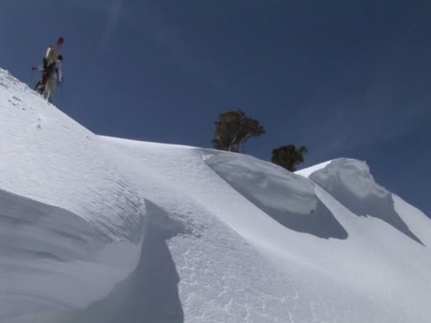 Wandelaars oplopende besneeuwde berg — Stockvideo
