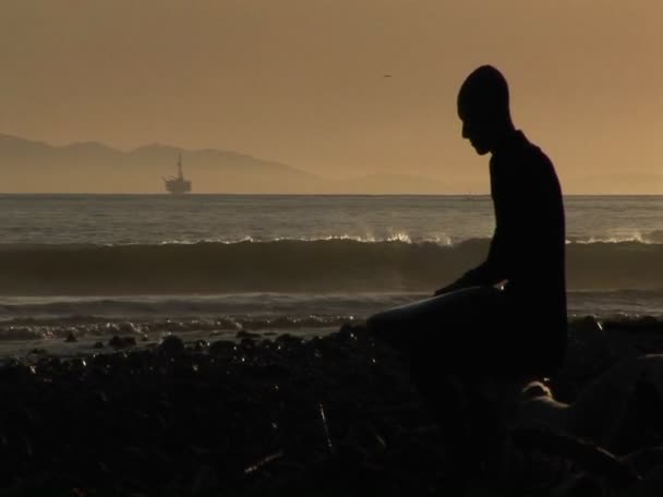 Um surfista observa as ondas — Vídeo de Stock