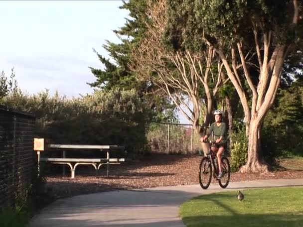 Mujer montando su bicicleta en un sendero cerca del océano — Vídeos de Stock