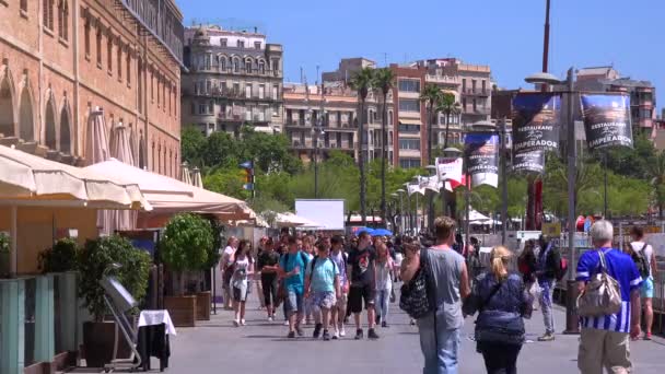 As pessoas caminham perto da praia em Barcelona — Vídeo de Stock