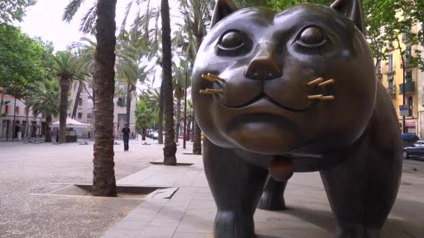 Socha kočky podél v Barceloně — Stock video