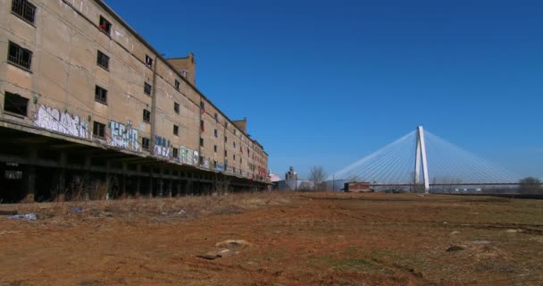 Abandoned warehouses covered in graffiti — Stock Video