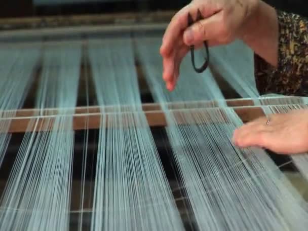 A woman works on a loom in a factory — Stock Video