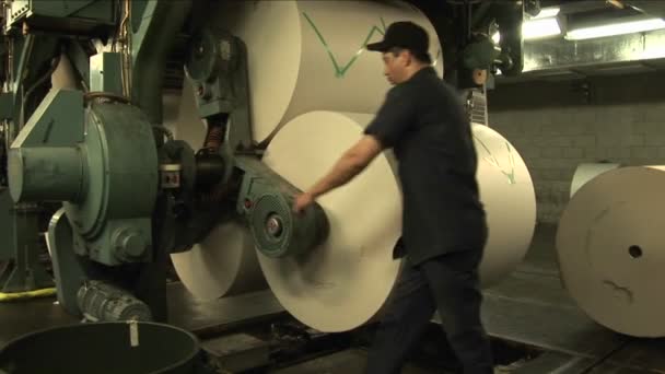 Trabajador carga rodillos de papel — Vídeos de Stock