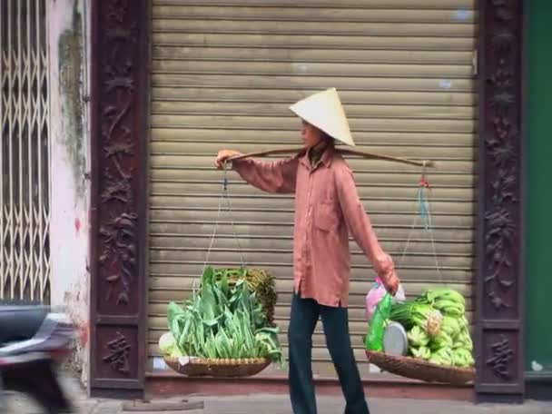 Uma mulher carrega uma carga pesada ao longo da rua — Vídeo de Stock