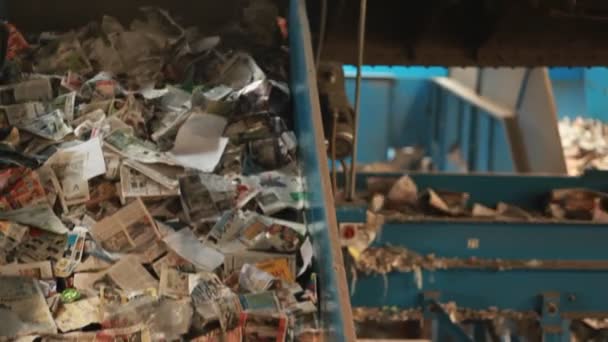 Los materiales reciclados viajan en una cinta transportadora — Vídeo de stock