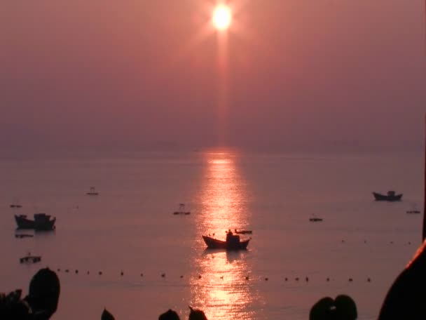 En liten båtar i havet i solnedgången — Stockvideo