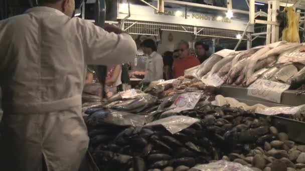 Étal du vendeur de poisson sur le marché — Video
