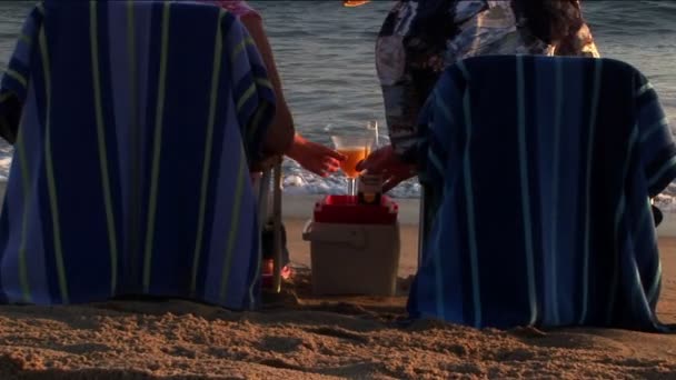 Een bejaarde echtpaar maakt een toast aan de oceaan golven van hun strandstoelen — Stockvideo