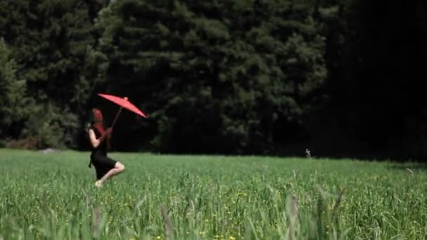 En ung kvinna promenader bära ett parasoll — Stockvideo