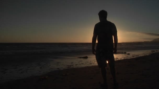 Ein Mann steht allein an einem windigen Strand — Stockvideo