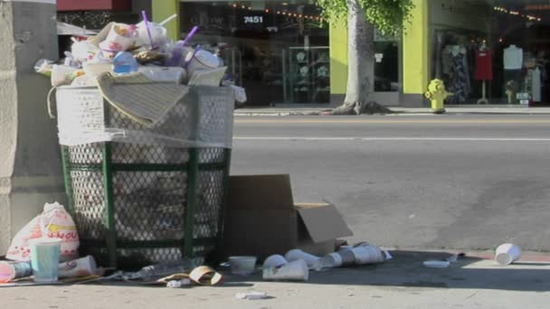 La basura sale de una basura sobrecargada — Vídeos de Stock