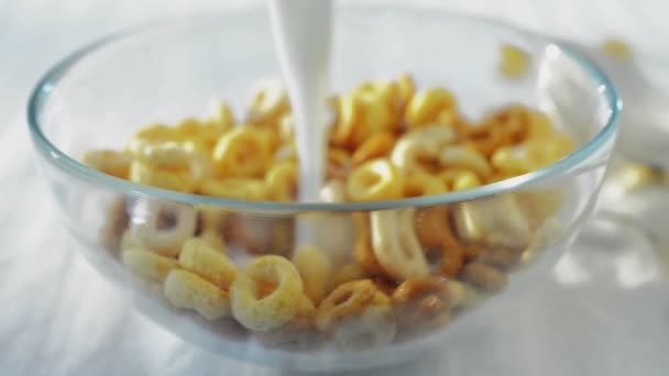 Milk is poured onto cereal in a bowl. — Stock Video