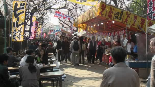 Food stalls and pedestrians in Ueno Park — Stock Video