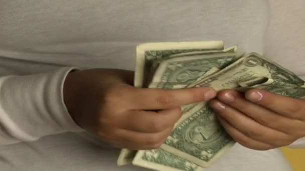 Een vrouw telt dollarbiljetten — Stockvideo