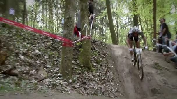 Les cyclistes courent dans les bois pendant que les gens regardent . — Video