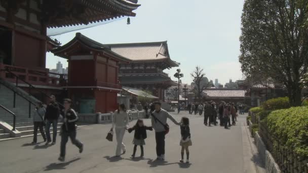 Familia comparte un cálido día de primavera en el complejo de templos Senso-ji — Vídeo de stock