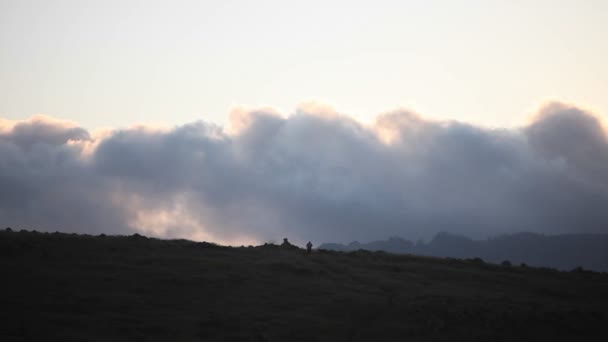 Una persona camina sobre una colina cubierta de hierba — Vídeos de Stock