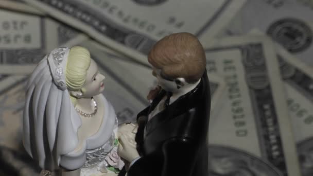 Une figurine de couple marié se tient au milieu de billets de vingt dollars . — Video